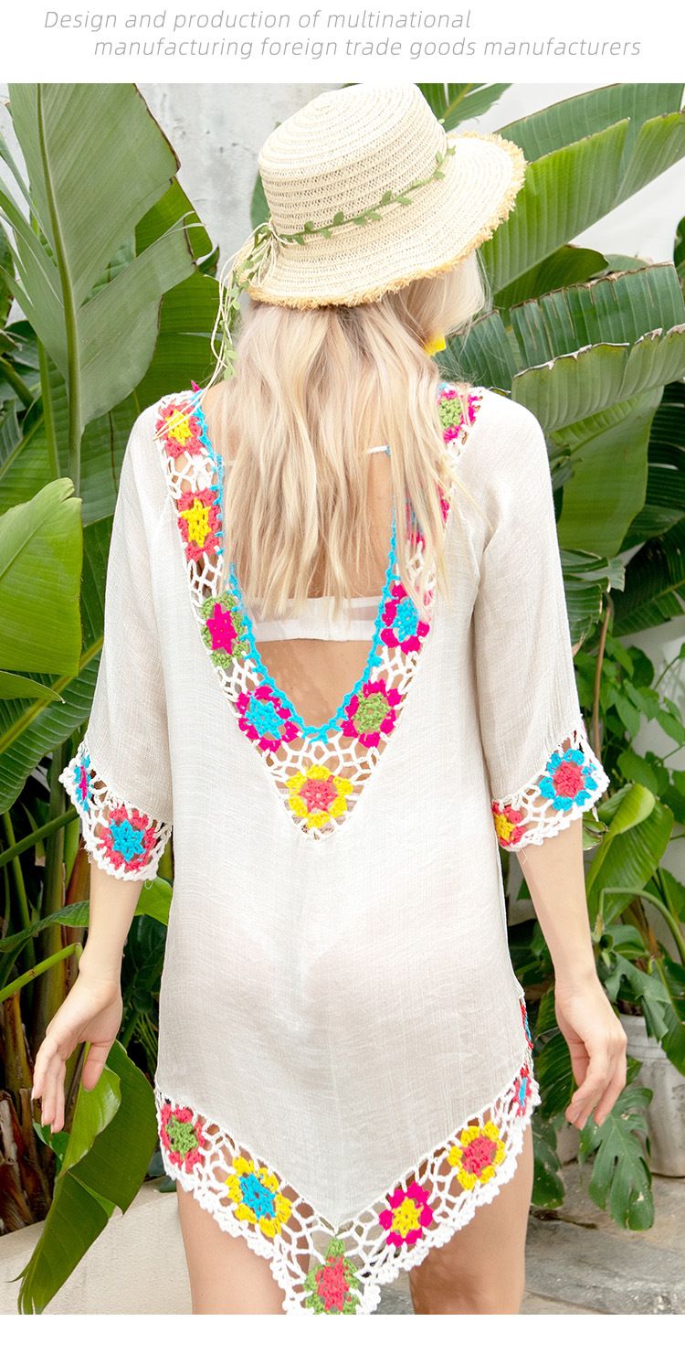 Sommerliches weißes Strand-Cover-Up, bedruckter Pullover, mittellange Ärmel, gehäkeltes Bikinikleid mit V-Ausschnitt für Damen_voghion.com