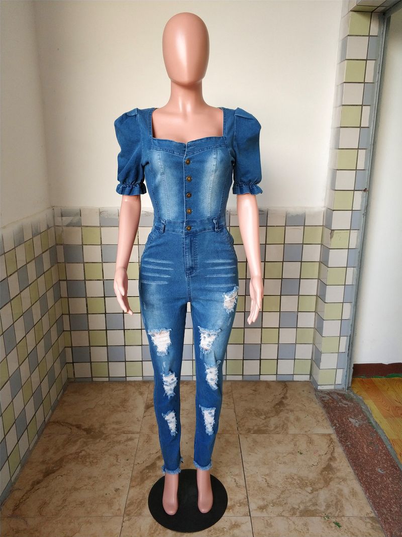 Sieviešu modes ikdienas seksīgs džinsa romperis ar baltu caurumu_voghion.com