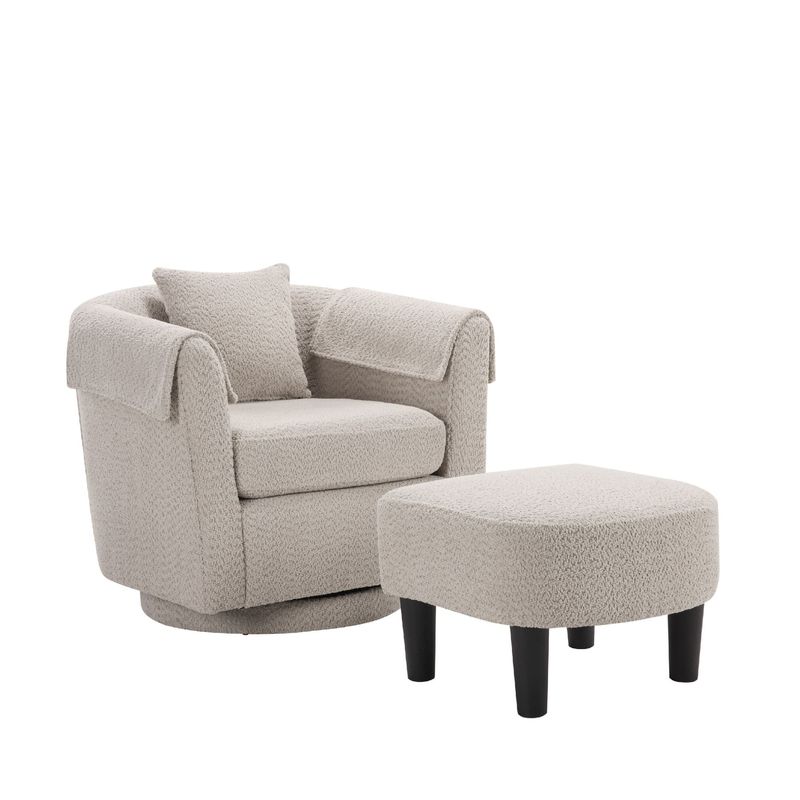 Swivel Accent Chair With Ottoman Set, Modern Chenille Barrel Armchair With Removable Back Pillow & 2 Armrest Covers For Living Room, Bedroom, Office, Gray_voghion.com