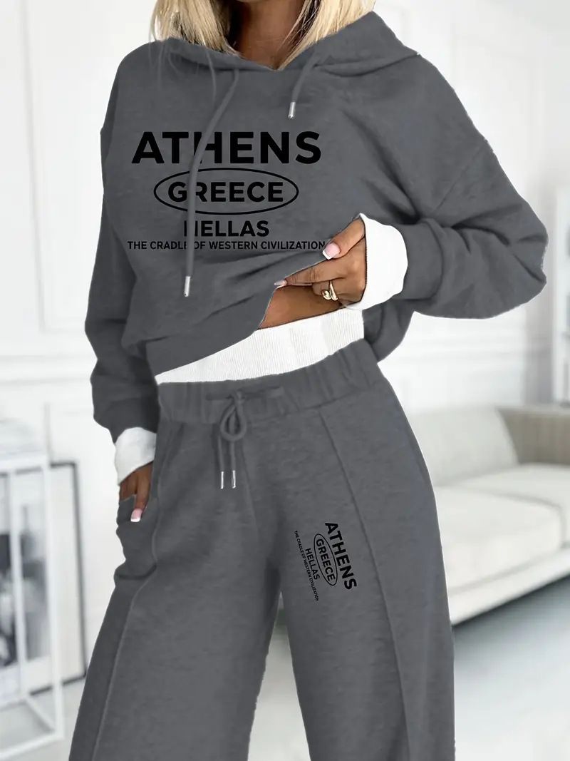 Abbigliamento da donna, completo sportivo casual, autunno e inverno, completo casual da salotto invernale con felpa lunga foderata in pile e pantaloni a gamba larga, completo in due pezzi con stampa_voghion.com