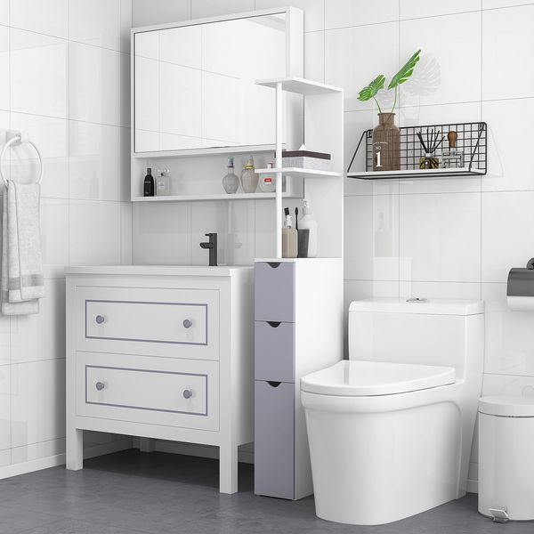 HOMCOM 55' Tall Bathroom Cabinets, Narrow Storage Cabinet Freestanding Linen Tower With 2-Tier Shelf And Drawers, White_voghion.com
