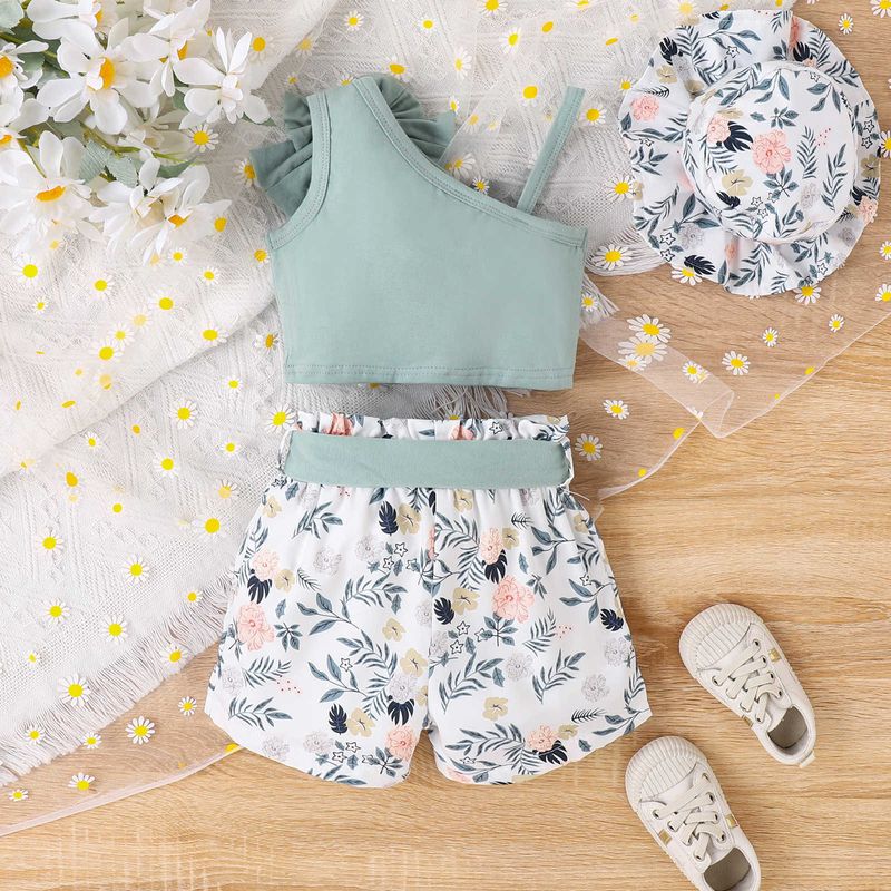 Summer small and medium-sized children's with diagonal shoulder suspender bow top, printed shorts, hat, girl's three_voghion.com