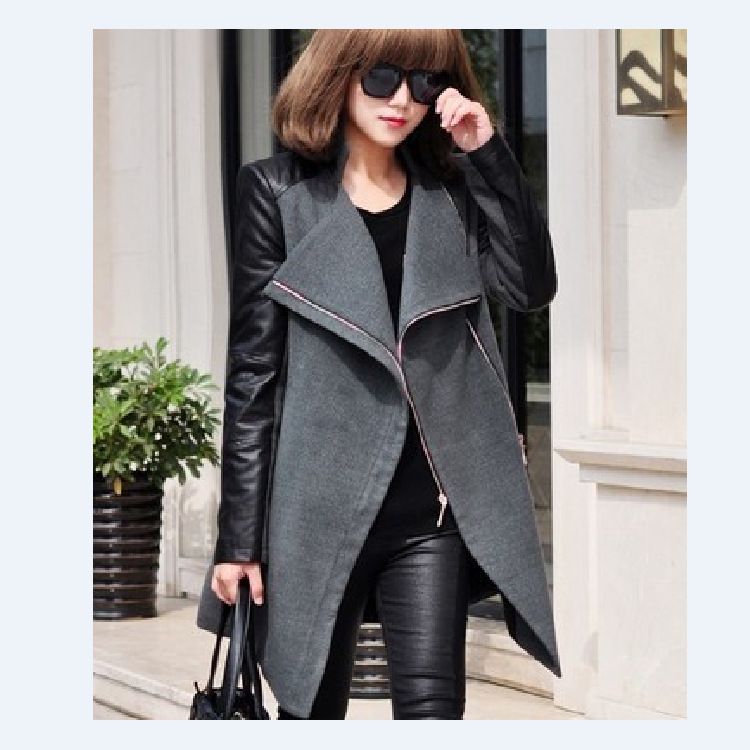 2025 Extraordinary Mid-Length Plus Size With Patchwork Leather Sleeves Woolen Overcoat Trench Coat_voghion.com