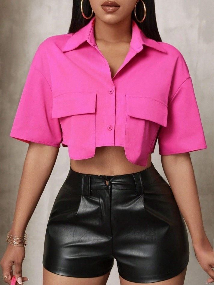 Cárdigan holgado de color liso con solapa de nicho para mujer, diseño de ropa para otoño e invierno, camisa corta con doble bolsillo y nuevo temperamento._voghion.com