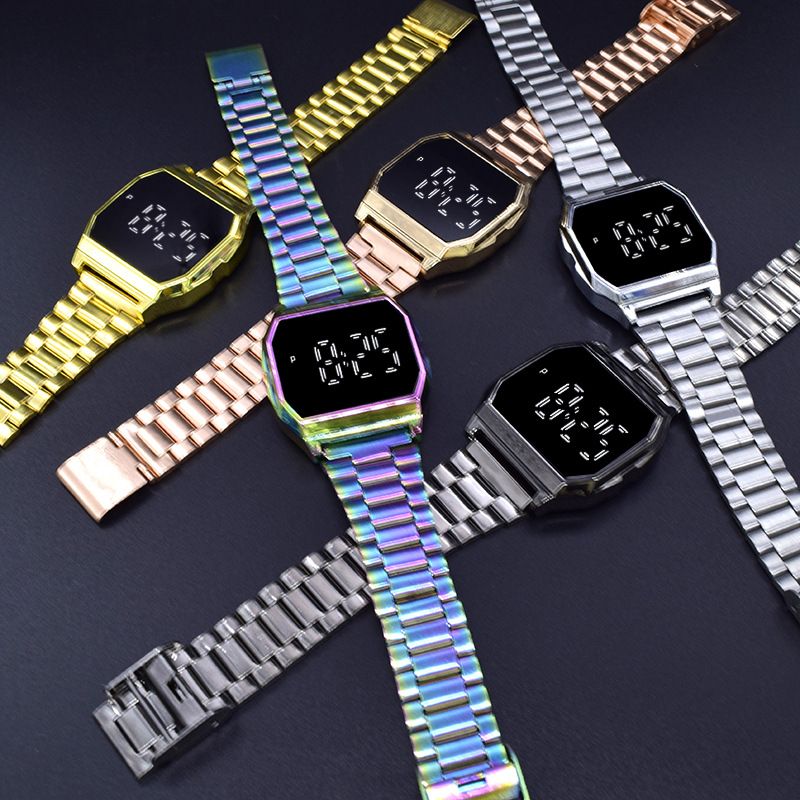F91 Metalen stalen band LED vierkant mode elektronisch studentenhorloge voor dames en heren_voghion.com