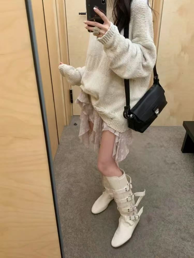 Damen Boxstiefel Rindsleder Neue Gürtelschnalle Weiß Boxen Für Frauen Echtes Leder Abnehmen Hohe Rohr Reiten Western Lange Stiefel_voghion.com