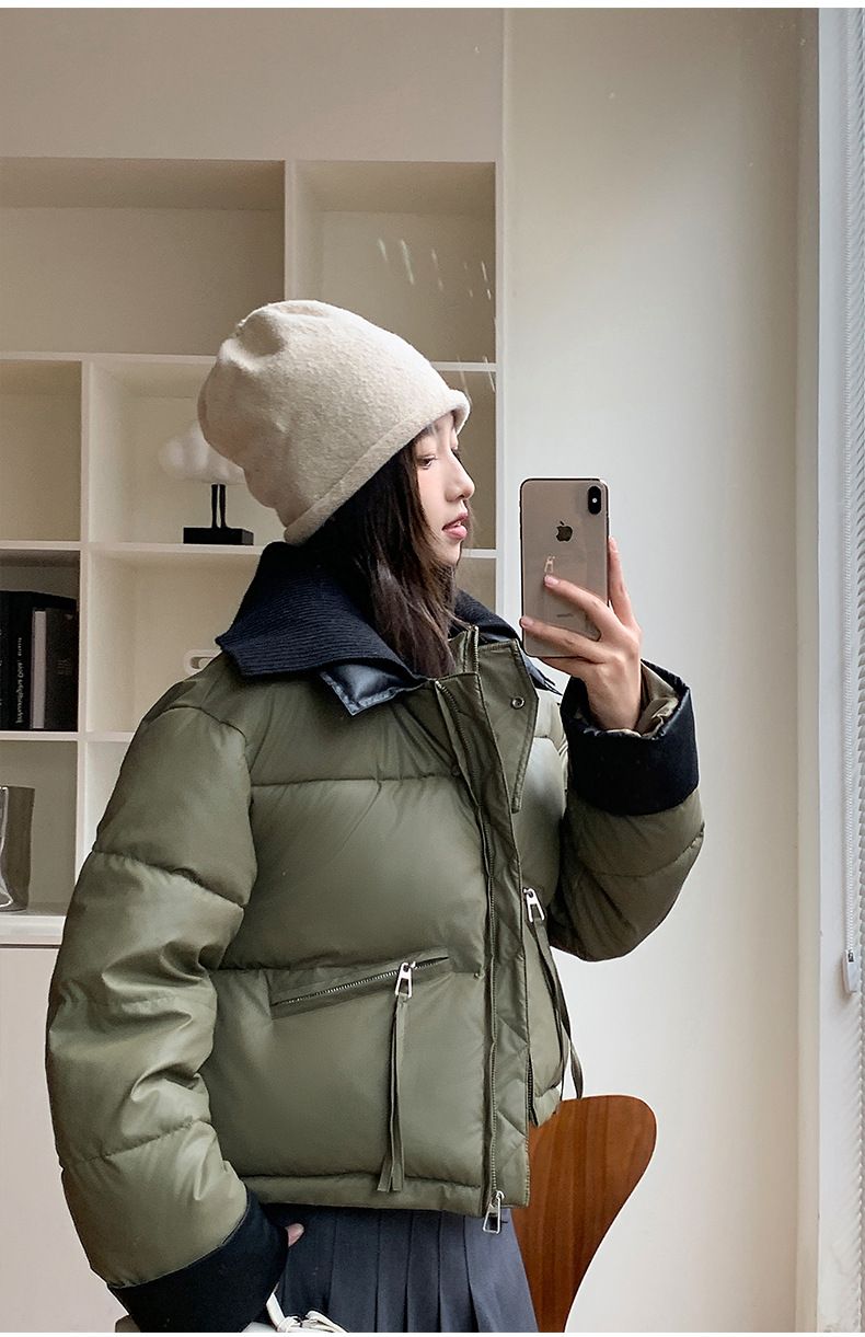 2024 European Knitted Short Down Jacket Women's Winter Fashion Splicing Doll Collar Cotton Coat Trend_voghion.com