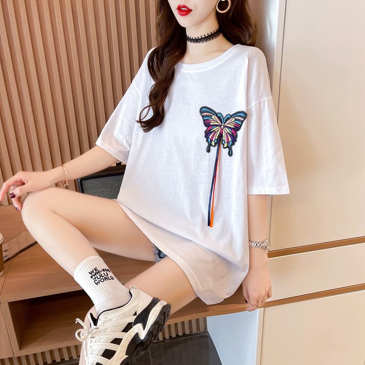 Maglietta a maniche corte con ricamo rosso da donna, versione coreana, stile lungo_voghion.com