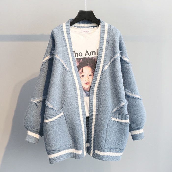 Cardigan oversize in maglia con lettere – Cappotto in maglia spessa con scollo a V (giallo/crema/blu/rosa antico) | Streetwear coreano lungo e aperto sul davanti_voghion.com