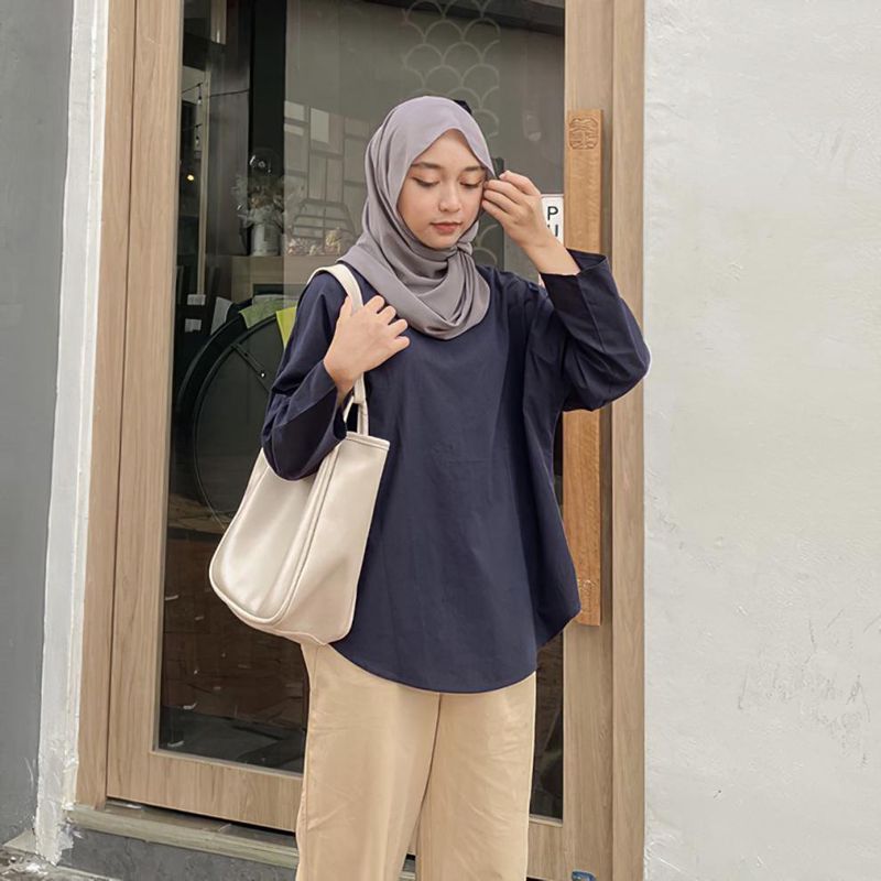 Muslimska kvinnors nya retro lösa plus size damkläder i enfärgade u-ringade toppar damskjortor_voghion.com