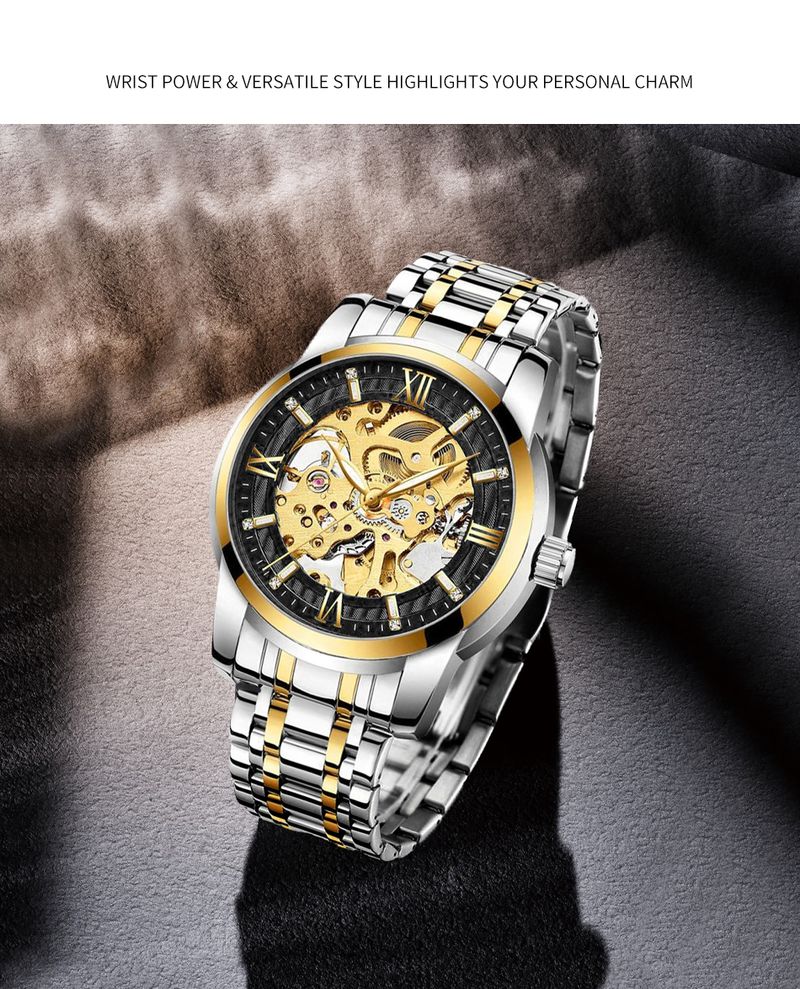 BIDEN Orologio meccanico classico di lusso con quadrante in diamanti, lancette luminose, orologio automatico scheletrato in oro da uomo, cinturino in acciaio inossidabile_voghion.com