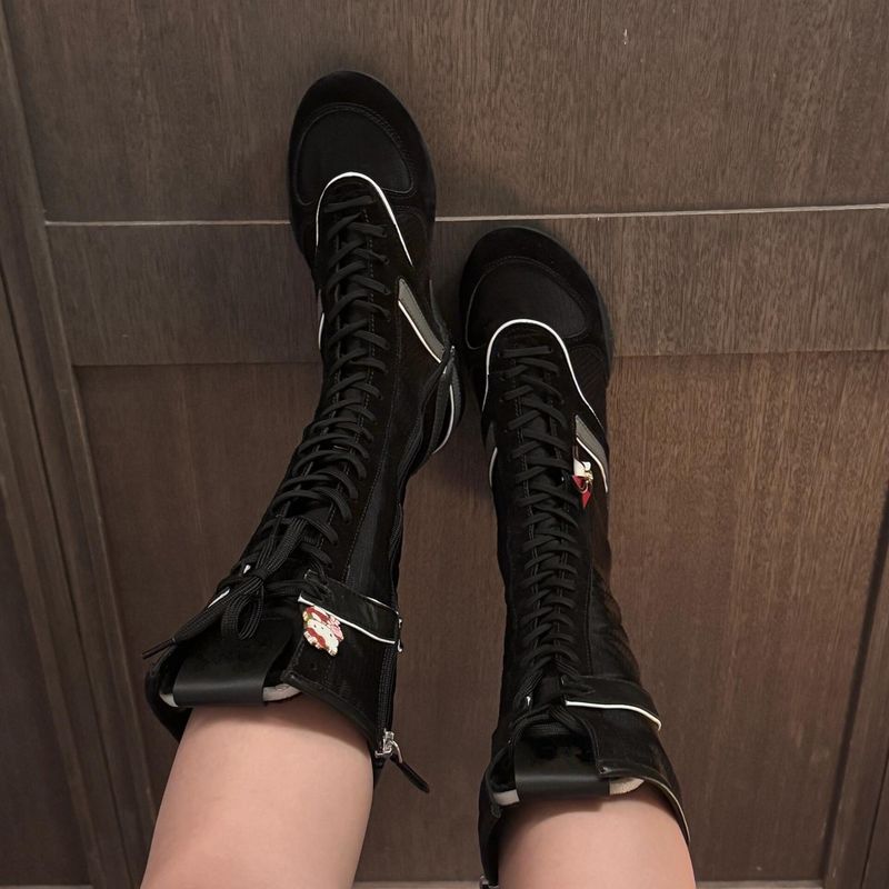 Damskie buty bokserskie z owczej skóry ~ Oryginalna skóra Miękka podeszwa Sportowe buty treningowe Myśliwskie Bokserskie Kolorowy blok Długie buty Martin do połowy łydki_voghion.com