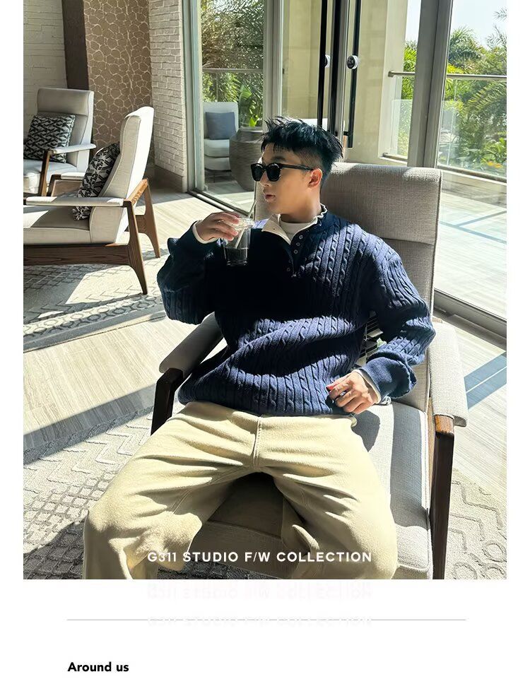 Pull tricoté double épaisseur deux pièces pour homme, col Henry, maille torsadée, style business britannique, printemps et automne_voghion.com