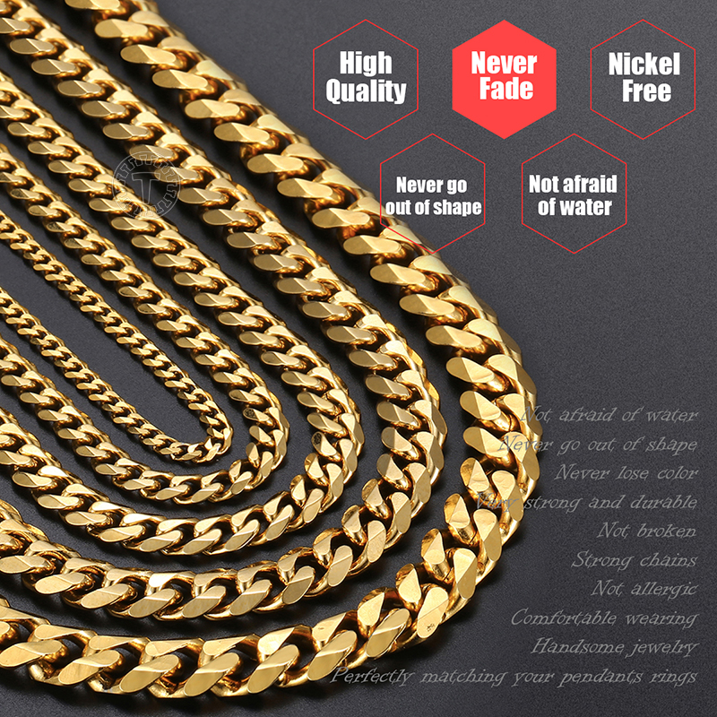 Herrhalsband Kedjor Rostfritt stål Svart Guld Sier Color Halsband för män Kvinnor Curb Cuban Smycken 3/5/7/9/11mm_voghion.com