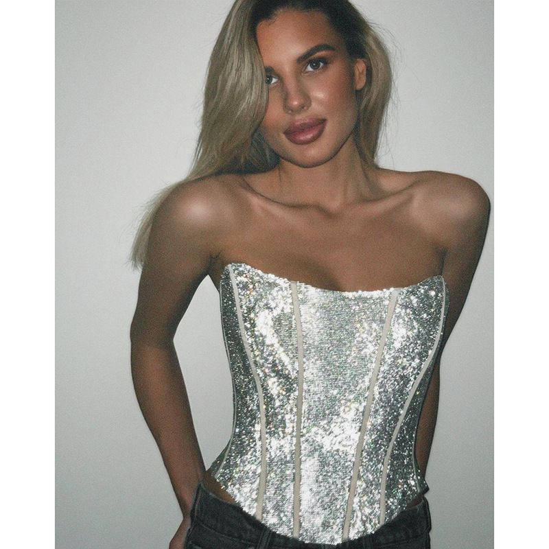 Women's fashion temperament sparkly fishbone waist vest_voghion.com