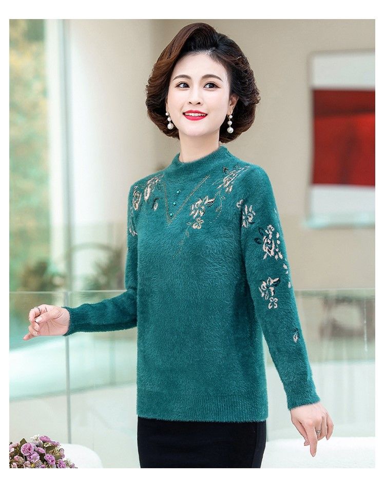 Tenue d'automne et d'hiver pour maman, nouveau pull épais en fourrure de vison pour femmes âgées d'âge moyen, haut ample et chaud, col mi-haut_voghion.com