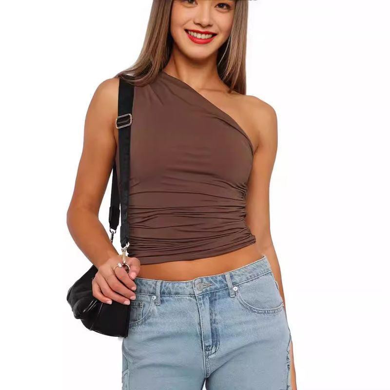 New Single Sexy Sloping Shoulder Women's Sleeveless Slim Fit Solid Color Vest Style Top_voghion.com