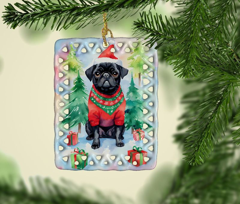 Pug Christmas Porcelain Ornament Christmas Tree Hanging Decorations For Home Christmas Holiday, Rectangle, Gift, Multicolor_voghion.com
