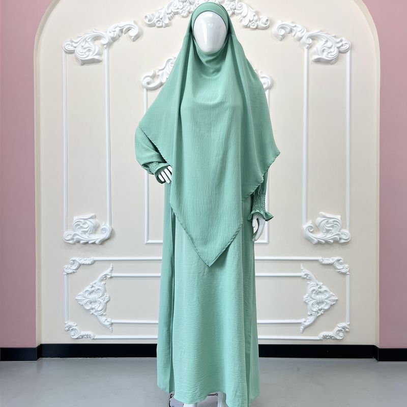 Women's Clothing Ice Silk Wrinkled Two Piece Suit Solid Color Pocket Robe Front One Back Two Double Layer Headscarf_voghion.com