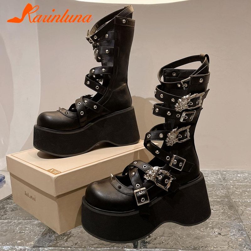 Punk Gothic Style Platform Mary Jean Shoes New Fashion Brand 2023 Spring Summer Round Toe Buckle-Sandals Boot Party Role-Play_voghion.com