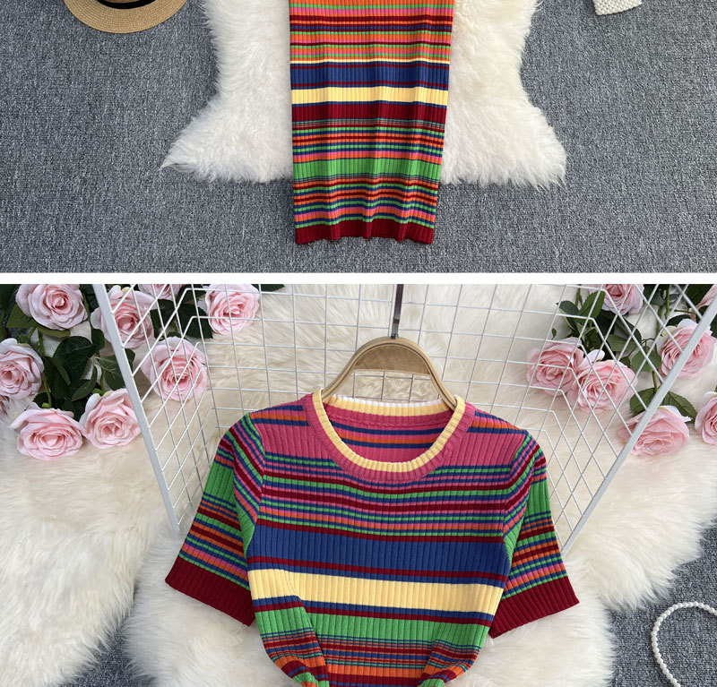 Abito estivo da donna a maniche corte in stile signorile a maniche corte con scollo rotondo a righe arcobaleno che dimagrisce il vestito che copre i fianchi lavorato a maglia di media lunghezza_voghion.com