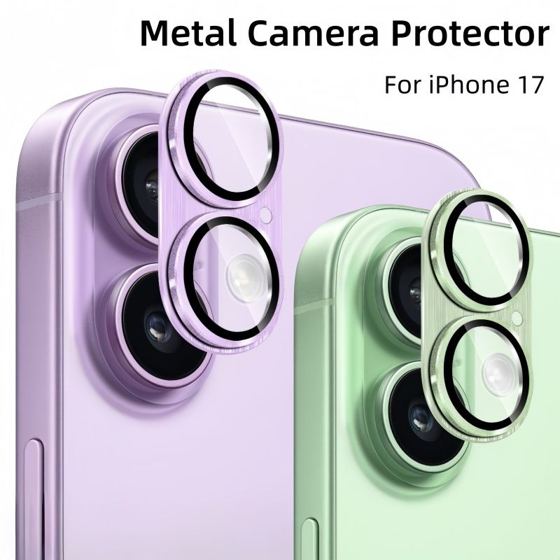 Coque de protection en métal pour iPhone 17, en alliage de verre, avec capuchon de protection intégral pour l'objectif arrière. Disponible en violet et vert._voghion.com