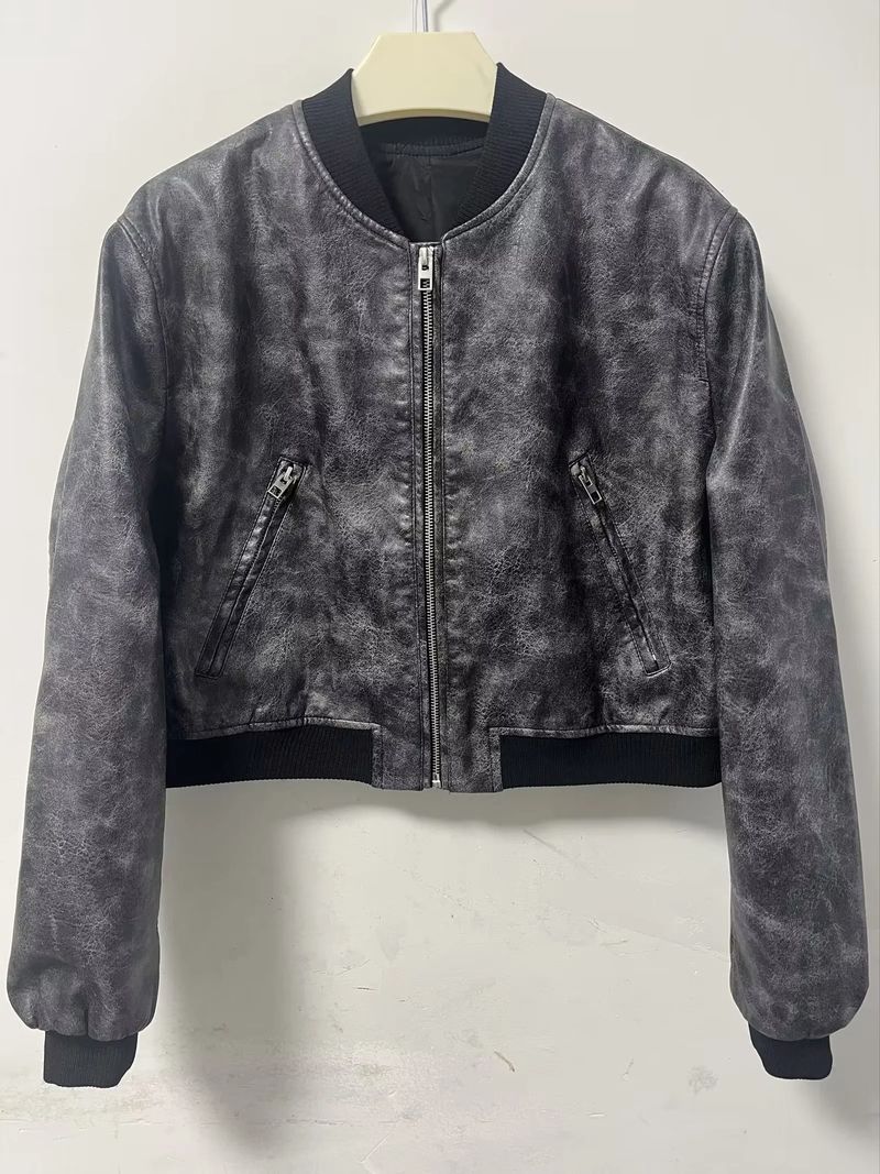 Damenbekleidung PU-Leder Streetwear Kurze Bomberjacke - Slim Fit Stehkragen Pilotenmantel für Männer & Frauen (Braun/Schwarz/Grau)_voghion.com