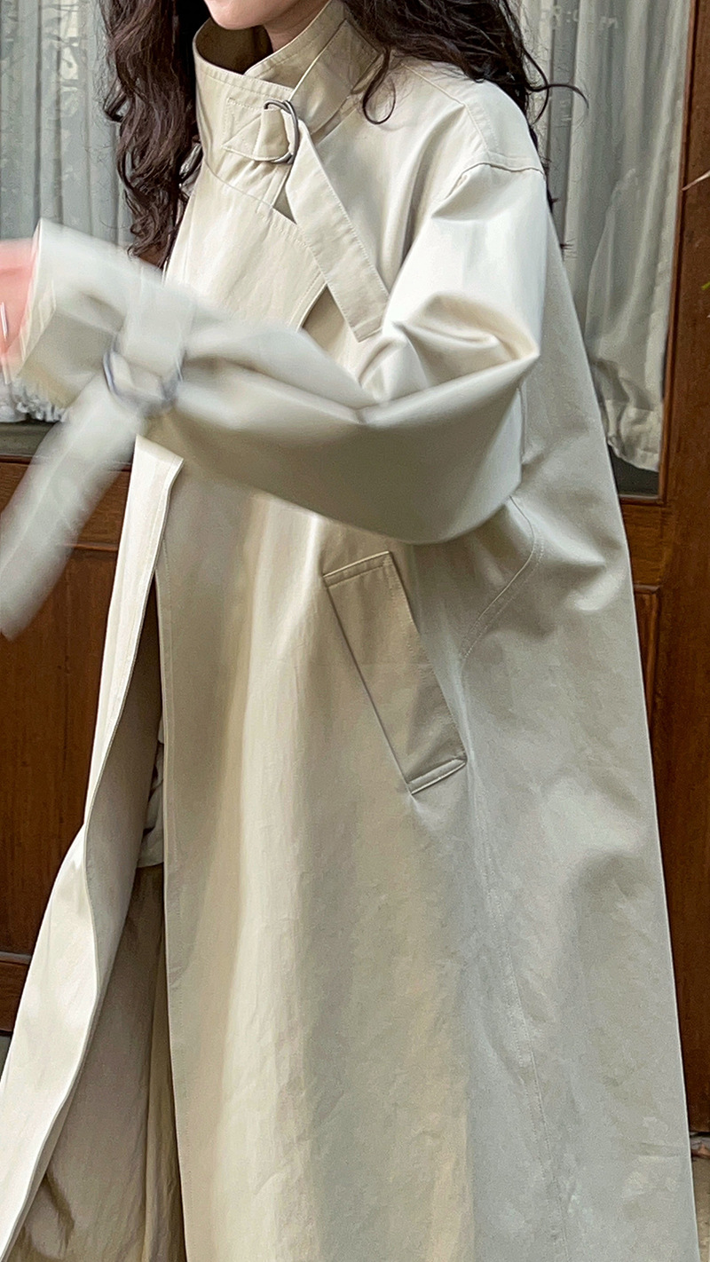 Elegant British-Style Long Trench Coat For Women – Minimalist & Luxurious Knee-Length Overcoat With Adjustable Belt, Pure Cotton, Black & Light Beige_voghion.com