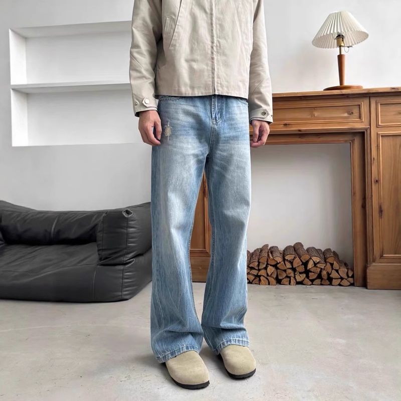 Jeans da uomo in denim effetto screpolato - Pantaloni a gamba dritta con taglio a zampa e effetto consumato (azzurro chiaro, dalla S alla XXL)_voghion.com