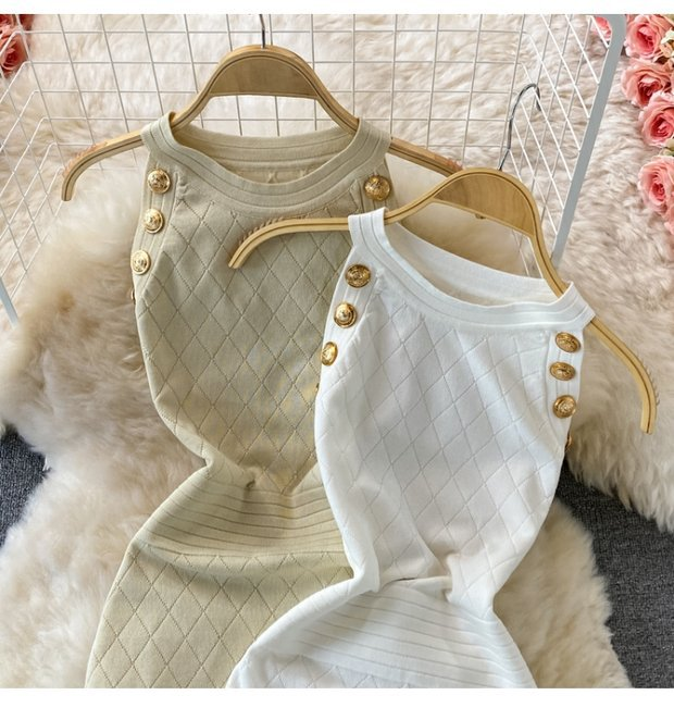 Damen Rundhals Ärmelloses Strick Neckholder Off-Shoulder Kleid Sexy Hüftbetontes Kurzrockkleid_voghion.com