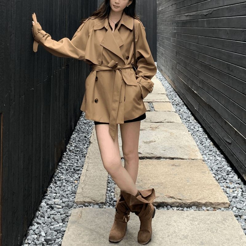2025 Koreaanse stijl nieuwe high-end revers korte trenchcoat dames herfst losse pasvorm dubbelrijs jas_voghion.com
