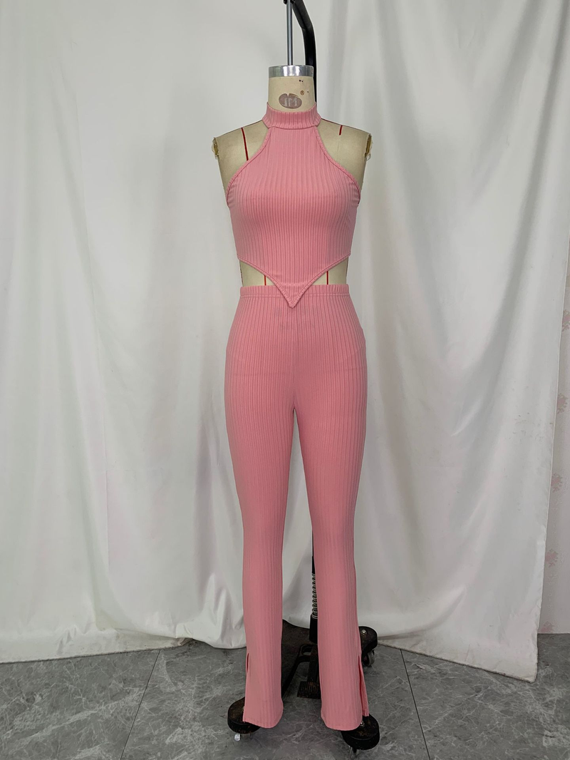 Set da donna in due pezzi casual con pantaloni a camicia senza maniche con collo appeso e ampia striscia in tinta unita_voghion.com