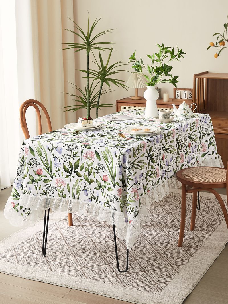 Vintage Abstract Floral Tablecloth – Polyester Lace-Trimmed Rectangular Table Cover For Dining & Coffee Tables (Non-Slip, Washable, Country Style)_voghion.com
