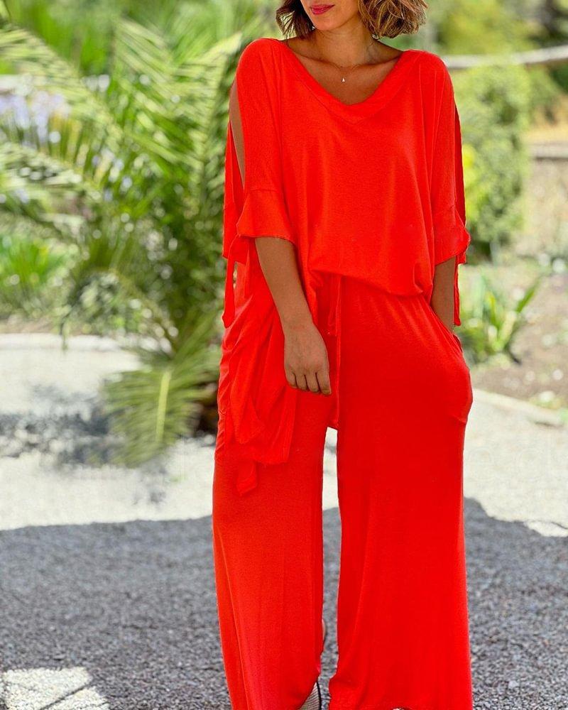 Abito da donna a due pezzi estivo con lacci con scollo a V e cinque maniche, pantaloni larghi casual in tinta unita a gamba larga_voghion.com
