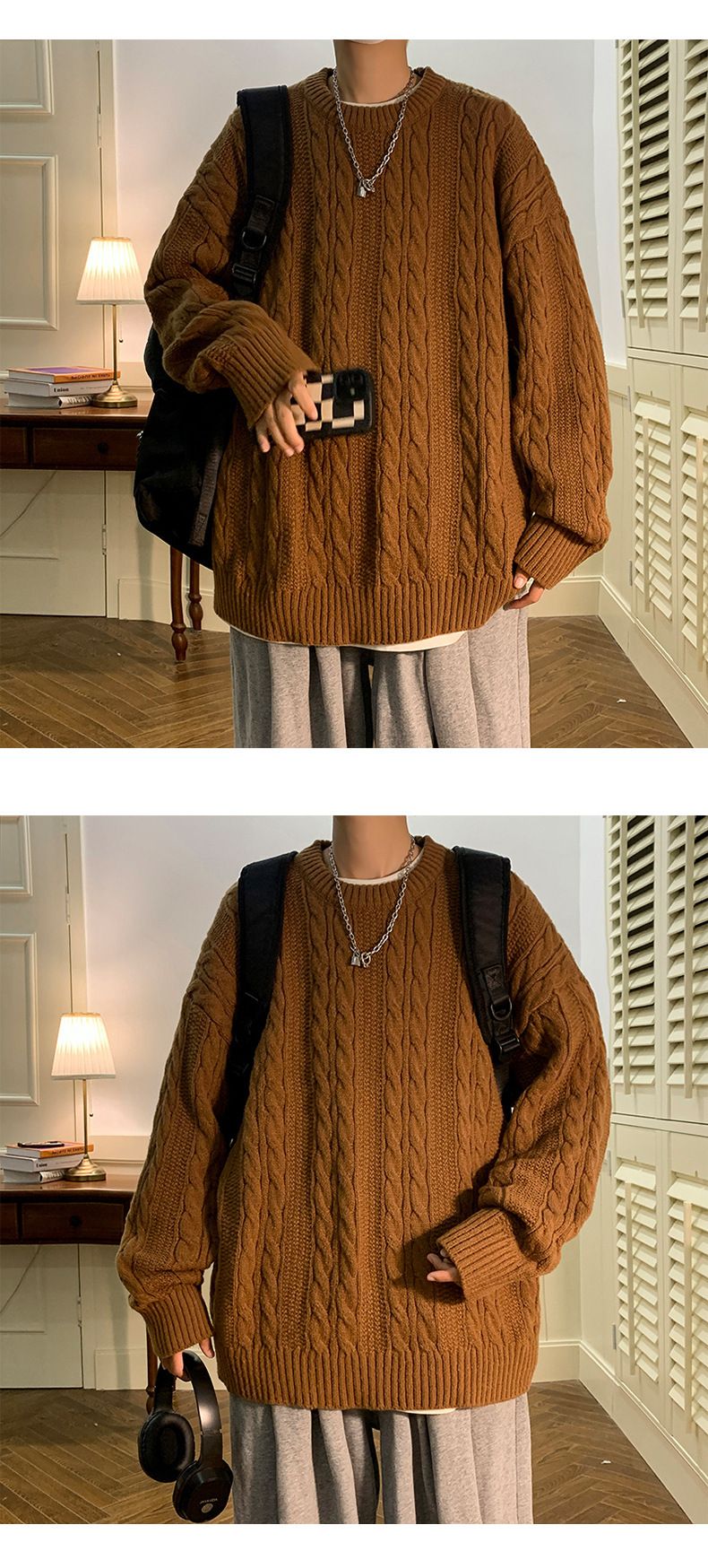 Pull en tricot décontracté à col rond et torsadé pour homme, coupe ample, tendance, collection automne-hiver_voghion.com