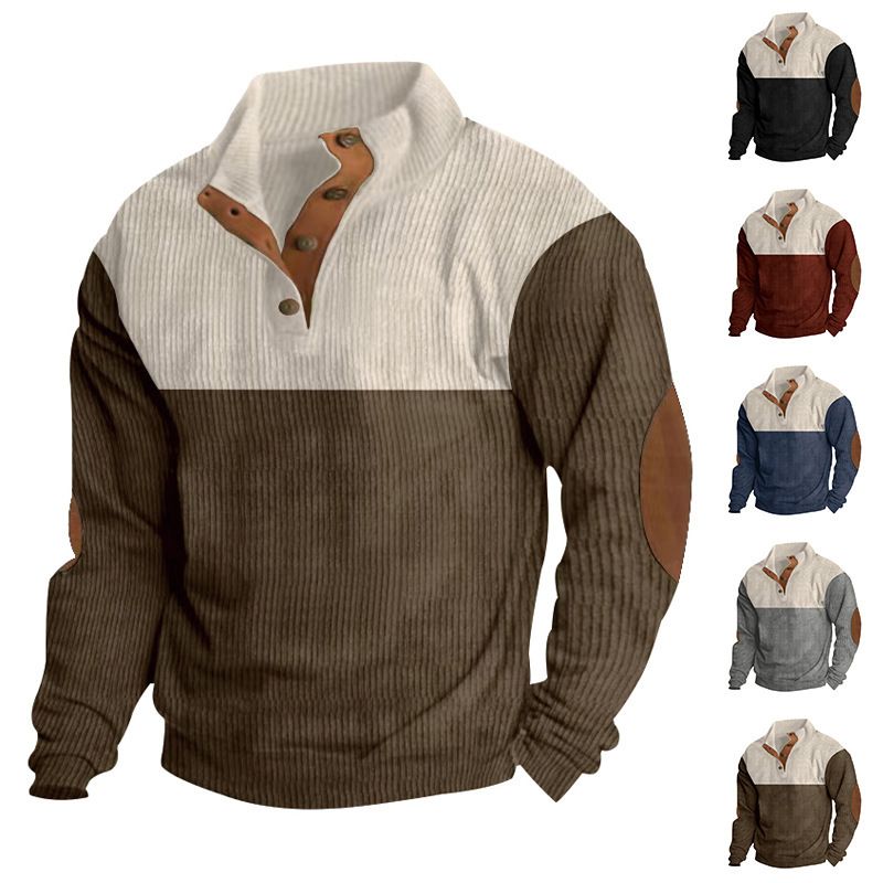Moletom masculino plus size primavera outono 2024, casual, com blocos de cores, gola alta, esportivo, de veludo cotelê_voghion.com