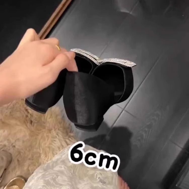 Sheepskin Version~French Style Elegant Satin Square Toe Rhinestone Sandals For Women 2025 Summer New Commuting Black_voghion.com