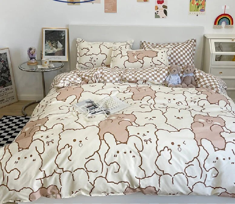 Small fresh four bed sheets and duvet covers, spring student dormitory three set of single piece cartoon bedding_voghion.com
