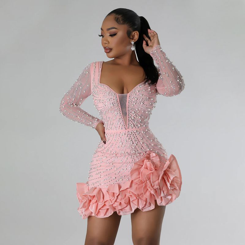 Women's Clothing Fashion Heavy Duty Hot Diamond Beading Ruffle Stitching Sexy Tight Hip Dress_voghion.com