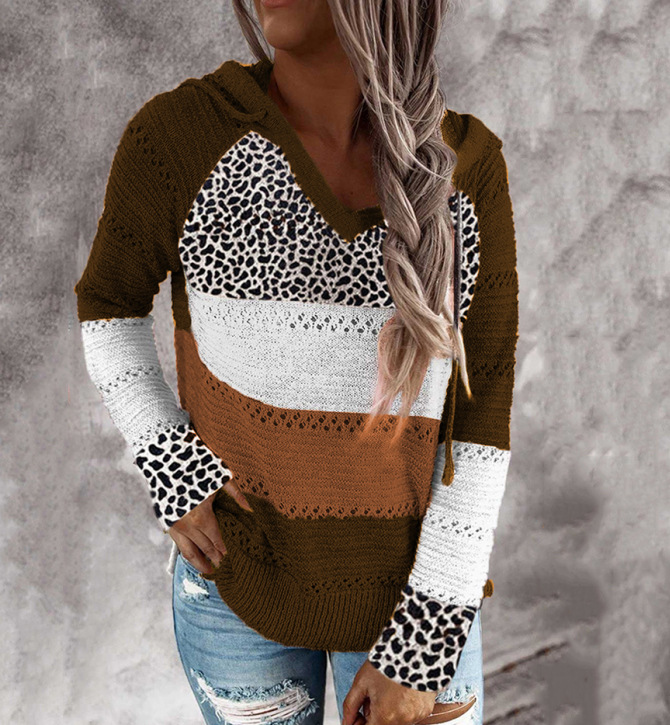 Roupas femininas New Wish Outono e Inverno Listrado Com Capuz Suéter Estampa Leopardo_voghion.com