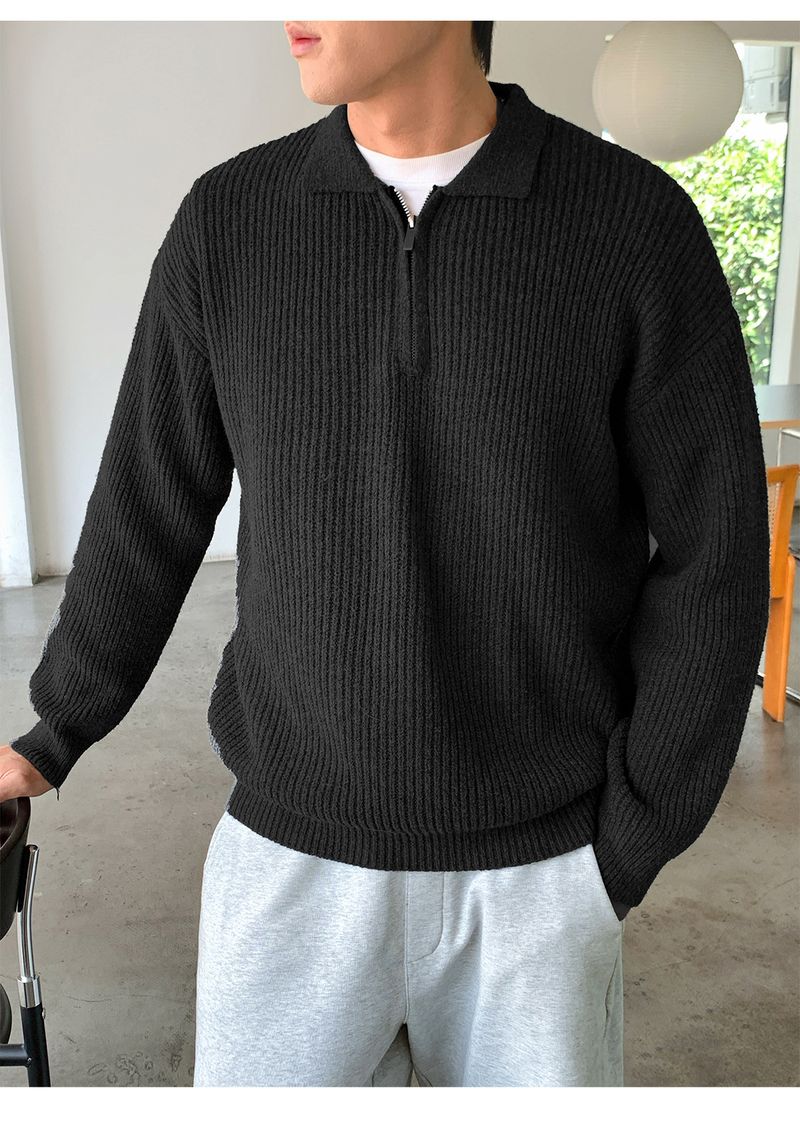 Men's Half-Zip Mock Neck Sweater - Heavyweight Fleece-Like Knit Pullover With Vertical Stripes, Warm Winter Casual Coat_voghion.com