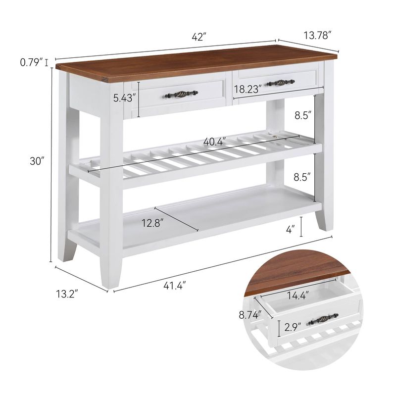 Retro Design Console Table With Two Open Shelves, Pine Solid Wood Frame And Legs For Living Room_voghion.com