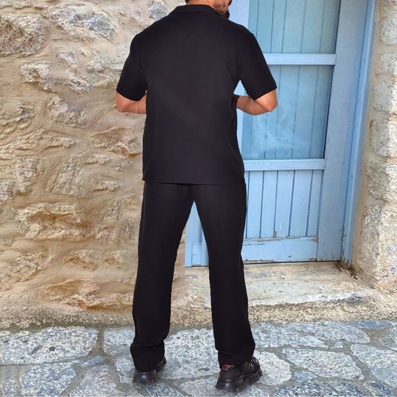 Tuta estiva casual estiva ampia a maniche corte T-shirt pantaloni lunghi elastici a quattro lati da uomo_voghion.com