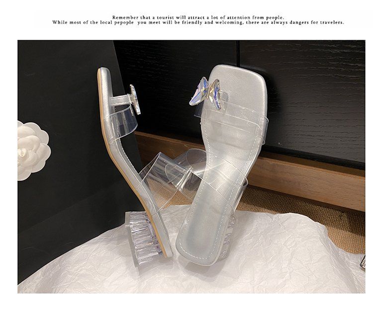 Damen-Pantoletten mit transparentem Absatz und Kristallverzierung – 8,9 cm hoher Blockabsatz und Schmetterlings-Zehenring (eleganter Stil)_voghion.com