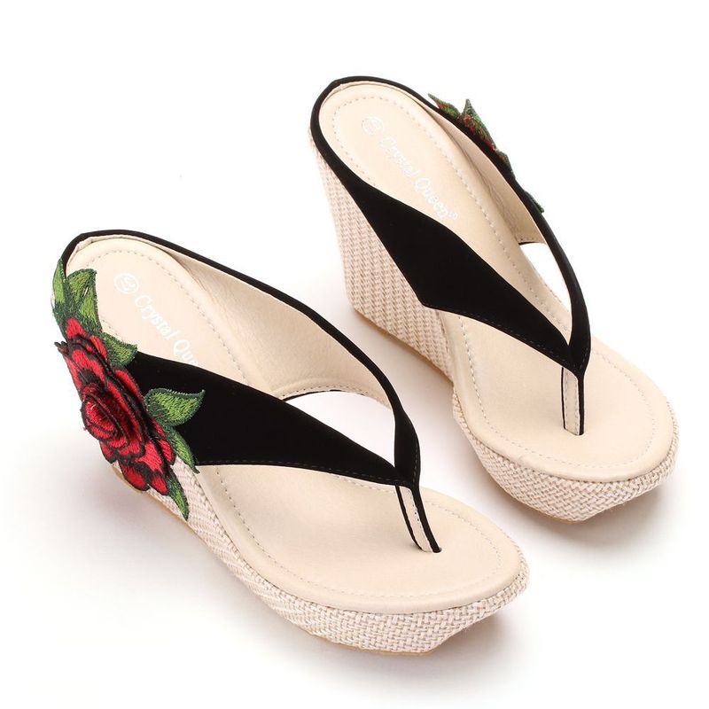 Damskor Vattentäta Kilsandaler Strandflip-flops Platå Tjocka Sulor Broderade Tofflor Sandaler_voghion.com