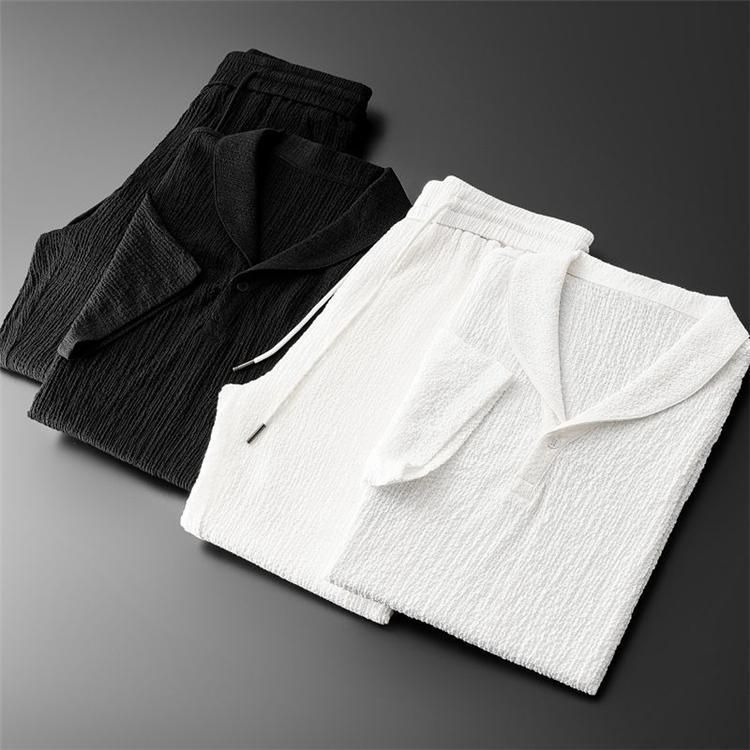 Ropa para hombre, camiseta de seda de hielo, traje deportivo informal de verano de alta gama de manga corta para hombre, camiseta de media manga con cuello en V y pantalón, traje de dos piezas_voghion.com