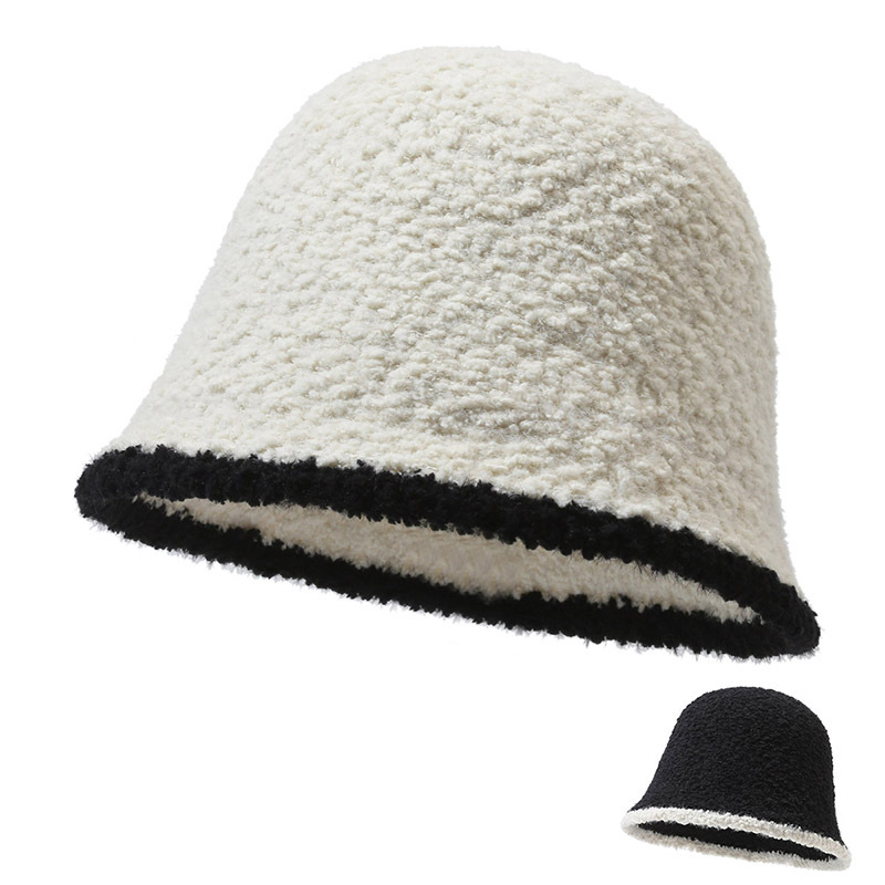 Korean version contrasting plush bucket hat for women in autumn winter, fashionable and versatile, showcasing face,_voghion.com