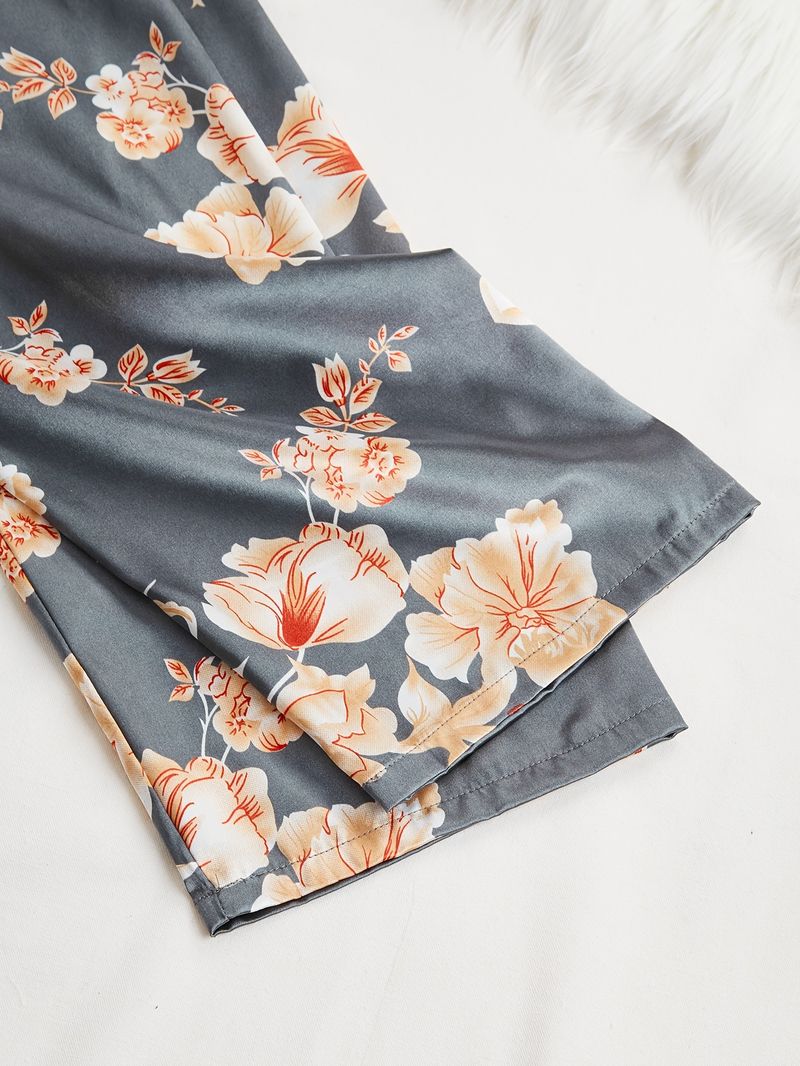 Neu Satin Dünne Drei-Stück Gedruckt Pyjamas Shorts Hosen Langarm Set frauen Homewear_voghion.com