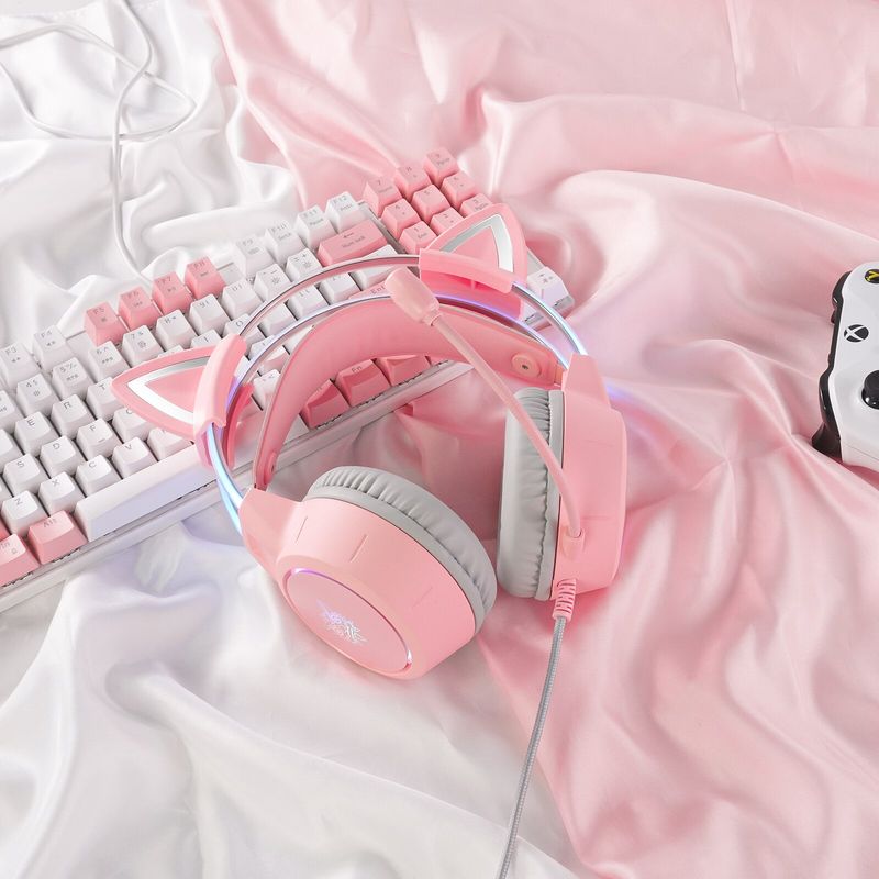 ONIKUMA X15 Pro Over-Ear-Kopfhörer, Gaming-Headset, Kabelgebundene Kopfhörer Mit Unterdrückung, Rosa Katzenohren, RGB-Licht Mit Mikrofon Für PC PS4_voghion.com