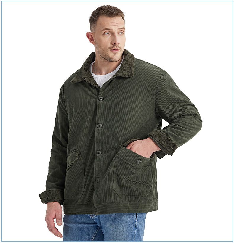 "Herrenjacke aus Cord und Lammfell mit Revers – Plüschiger, dicker Mantel in großer Größe (Schwarz/Grün/Hellbraun, S-XXL)"_voghion.com